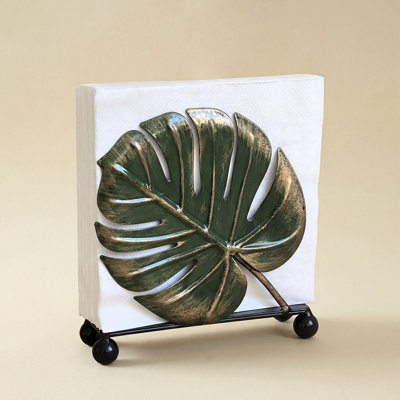 Green Leaf Napkin Holder, Freestanding Monstera Napkin Holder with Wrought-Iron Frame for Dining Tables and Kitchen Counters
