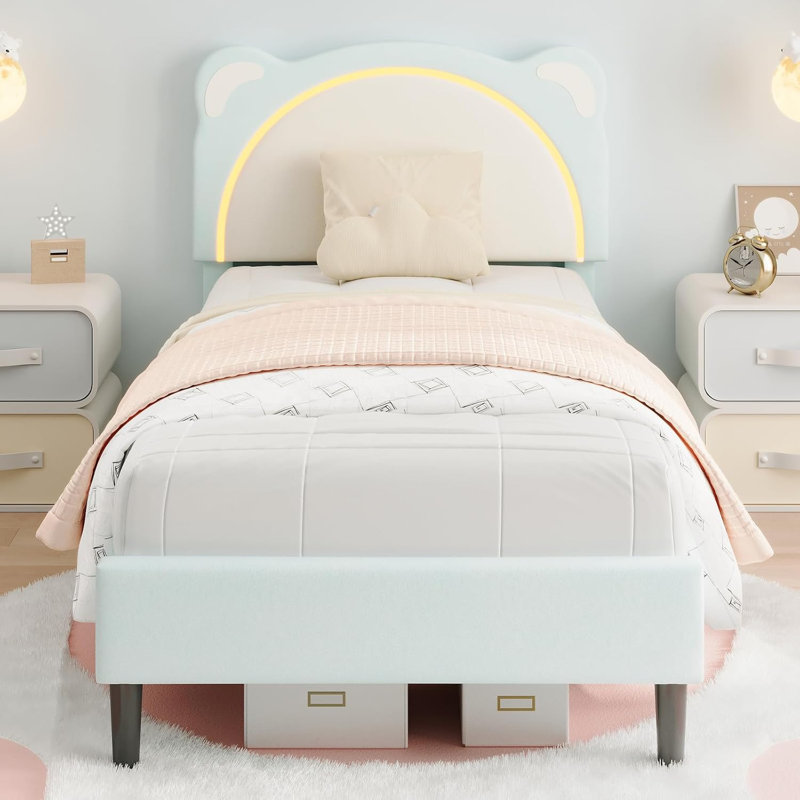 Lit plateforme simple TG avec tête de lit ajustable et lumières DEL, conception tapissée d'ours, bleu, Bleu