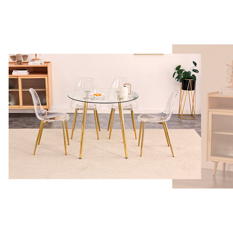 table ronde ronde en verre trempé avec pieds en métal doré, jumelée à 4 chaises de salle à manger transparentes, Blanc