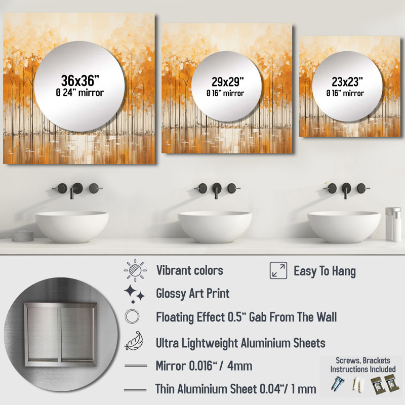 Aliveah - Minimalism Beige And Gold Forest III Forest Square Living Room Wall Mirror Art, 29" x 29"