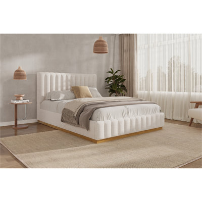 Queen Bed Frame with Thick Linen Upholstered Headboard & Wood Base, Beige