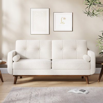 Mid-Century Modern 65" Loveseat Sofa with Linen Upholstery & Deep Seats, 2-Seater Comfy Couch for Bedroom or Small Space, Beige