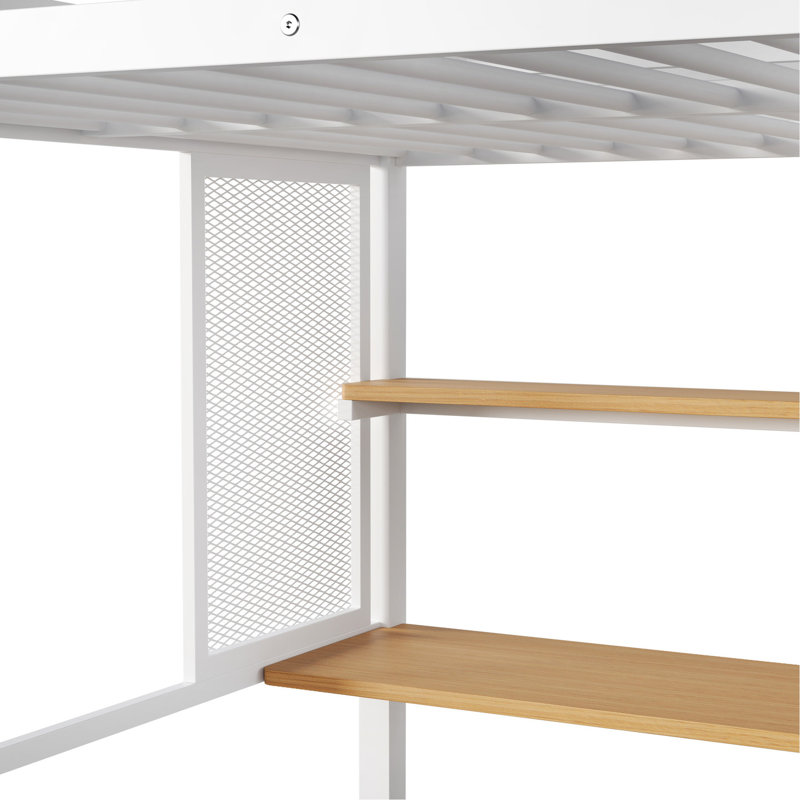 Lit mezzanine double en métal blanc avec garde-robe, bureau et tablettes de rangement pour économiser de l'espace, Blanc