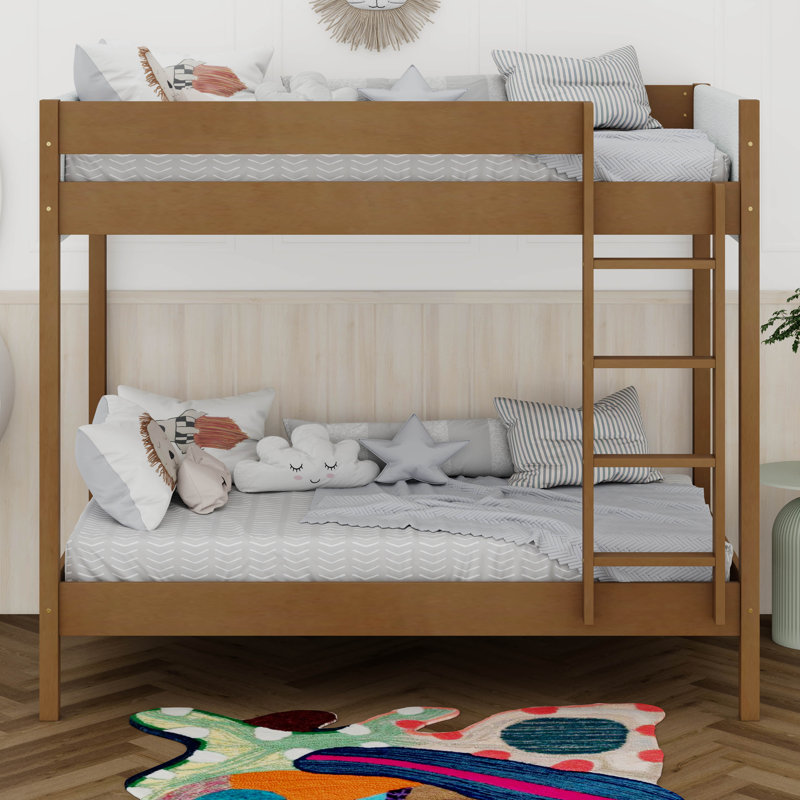 Twin Over Twin Upholstered Bunk Bed Frame With Ladder, Safety Guardrails