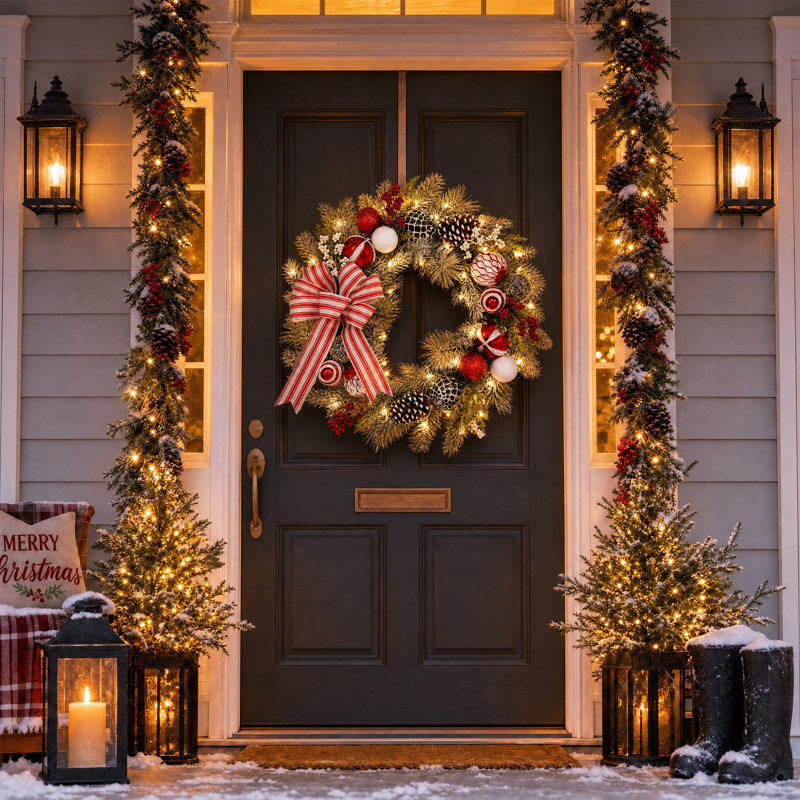 Couronne de Noël luxuriante de 61 cm avec lumières DEL, décorations électroplaquées et ruban
