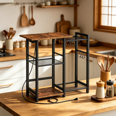 Bakers Rack with Power Outlet and USB Ports, Microwave Stand with Pots Rack, Kitchen Storage Shelf with 6 S Hooks, Coffee Bar Table for Spices and Appliances, Black and Rustic Brown