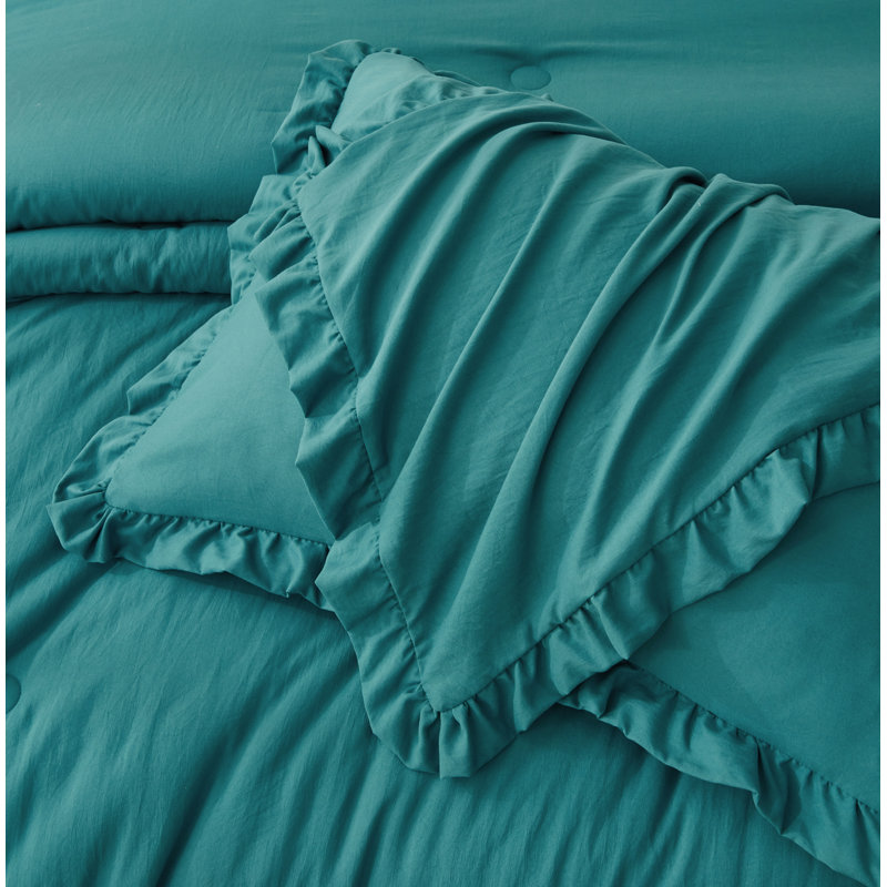Nora Washed Microfiber Ruffled Comforter Set, Dark Purple, Queen Comforter + 2 Standard Shams