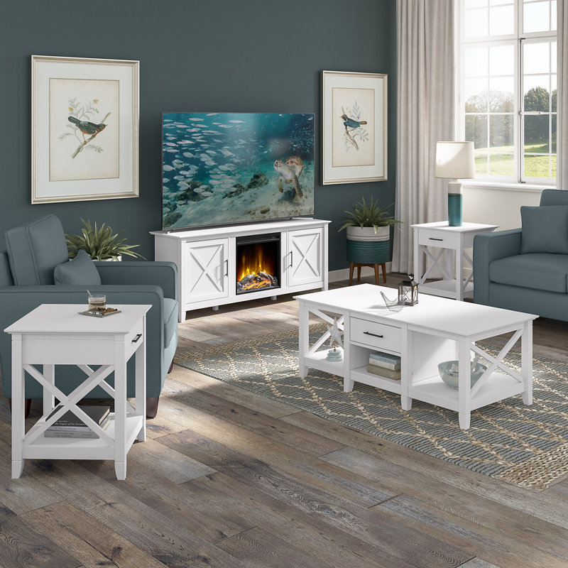 Meuble télé Aspen 60W avec tables basses et tables de bout, Blanc pur, chêne