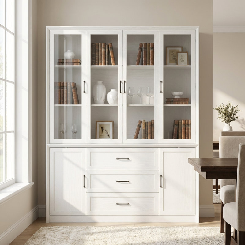 80'' H X 62'' W 3-Drawer Display Bookcase With Glass Doors, White