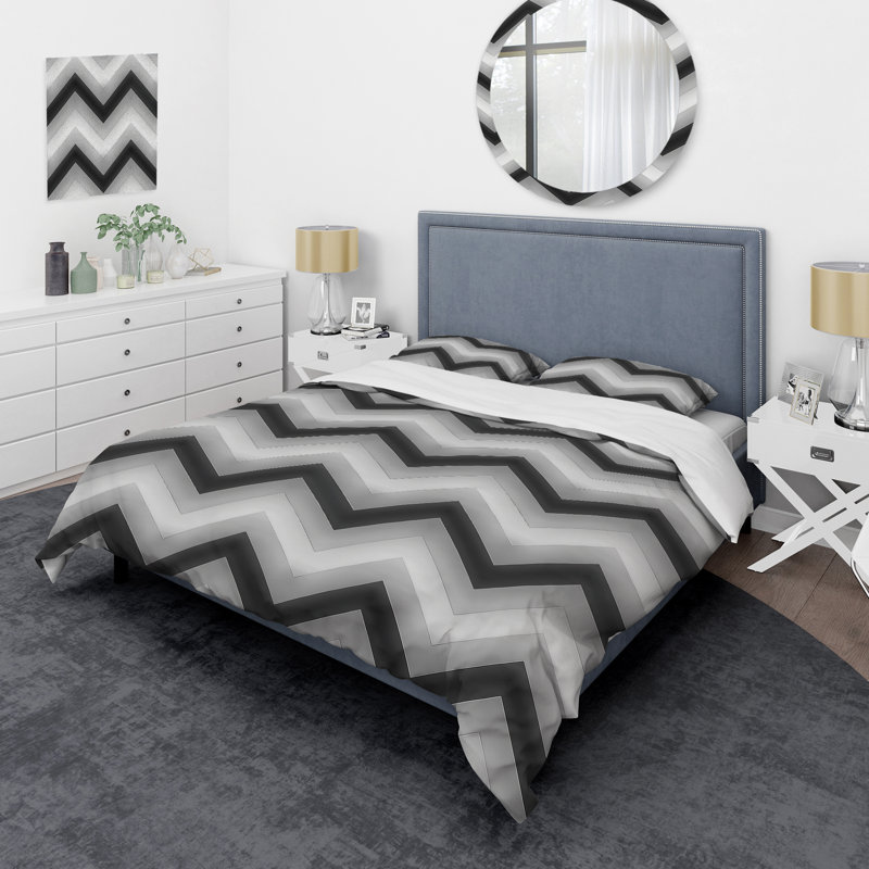Ensemble de housse de couette moderne à motif de chevrons noir et gris, Housse de couette pour grand lit et 2 taies décor