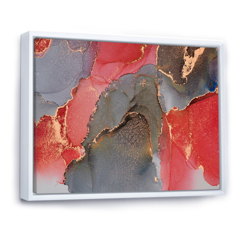 Gris et rouge, art abstrait fluide de luxe - peinture sur toile, Cadre flottant blanc, H 24 po x l 32 po