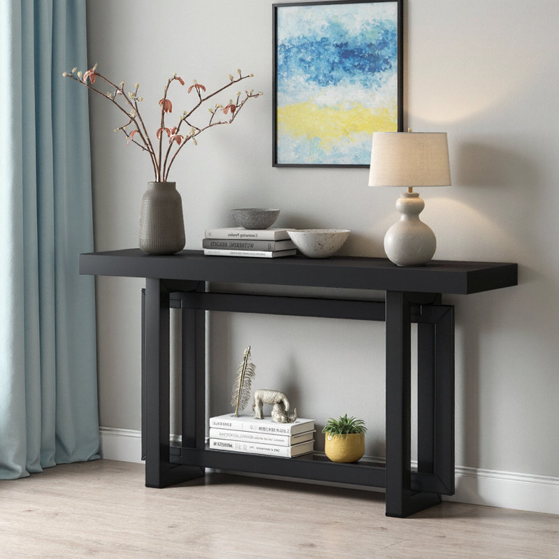 Console rectangulaire noire 59,1 "- Pieds en pin massif et plateau en placage de pin, Noir