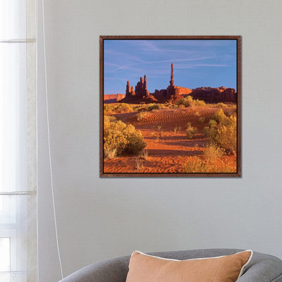 Totem Pole And Yei Bi Chei With Sand Dunes And Shrubs, Monument Valley, Arizona And Utah Border 1 Piece Wall Art on Canvas