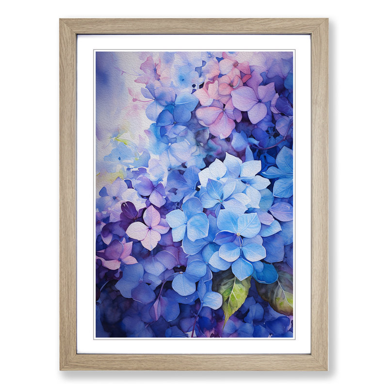 Hydrangea Action Painting Art - Framed Print, 46cm H x 34cm W x 2cm D, Oak