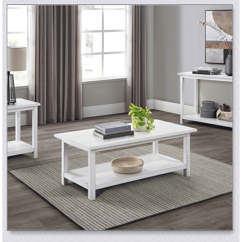 Table basse en bois blanc patiné avec tablette spacieuse Castleton