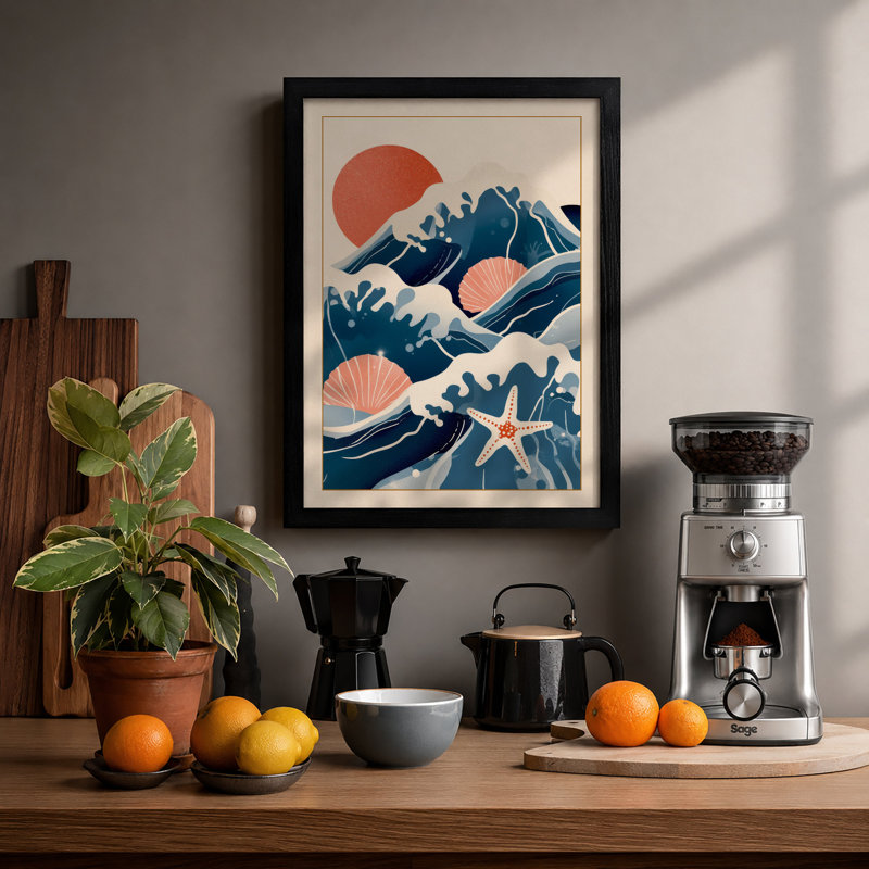 Waves and Starfish Coastal - Framed Print, A2 - 59.4 x 42.0 cm, Black
