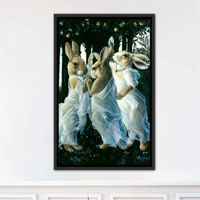 « Bunny graces » par Melinda Copper-impression d’art graphique, H 40 po x l 26 po x P 1,5 po, Toile avec cadre noir patiné