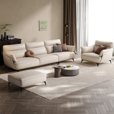 Creamy-white Genuine Leather 3 - Piece Living Room Set