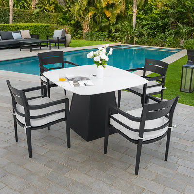 5-Piece Outdoor Dining Set – 44" Rounded Square Sintered Stone Table With Flared Pedestal Base & 4 Fixed Armchairs, Sunbrella Cushions, Rust-Free Aluminum, Weather-Resistant For Patio Or Deck