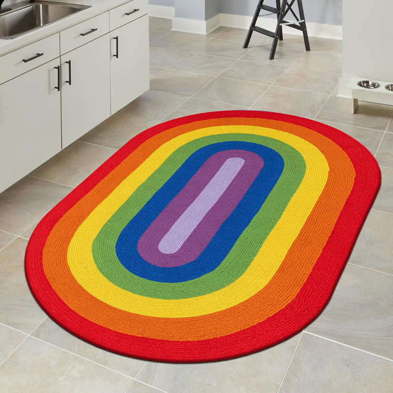 Ebern Designs Hand Braided Rainbow Wool Rug, Oval 2' x 3'1"