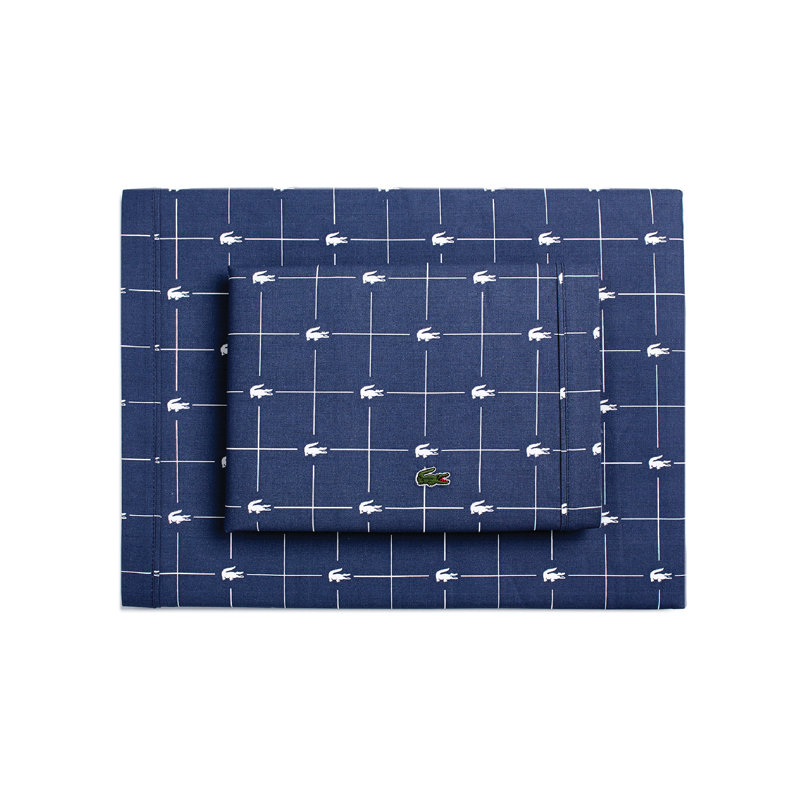 Lacoste Slice Geometric 100% Cotton Percale Sheet Set, Blue, Queen Sheet Set with 2 Pillowcases