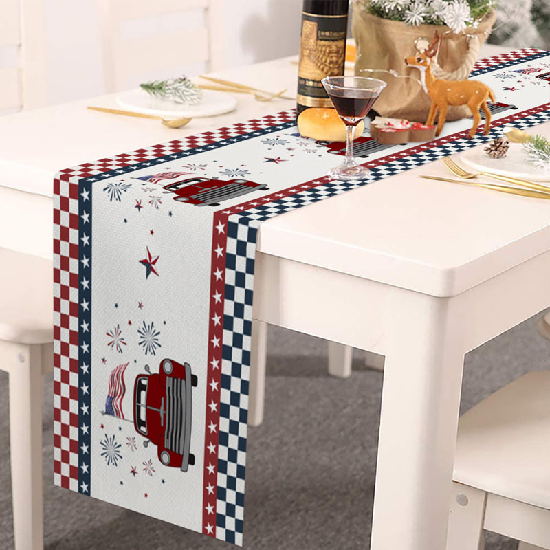 13X70in Table Runner Scarf Truck American Flag 4Th Of July Non-Slip Burlap Dinner Runner Decoration For Independence Day, D