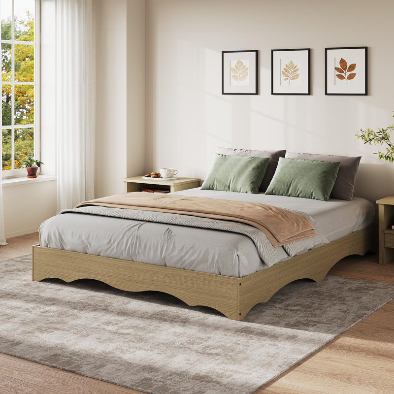 Cadre de lit double en bois, cadre de lit bas avec bord ondulé, cadre de lit en bois sans tête de lit, conception silencieuse, aucun sommier tapissier requis, assemblage facile