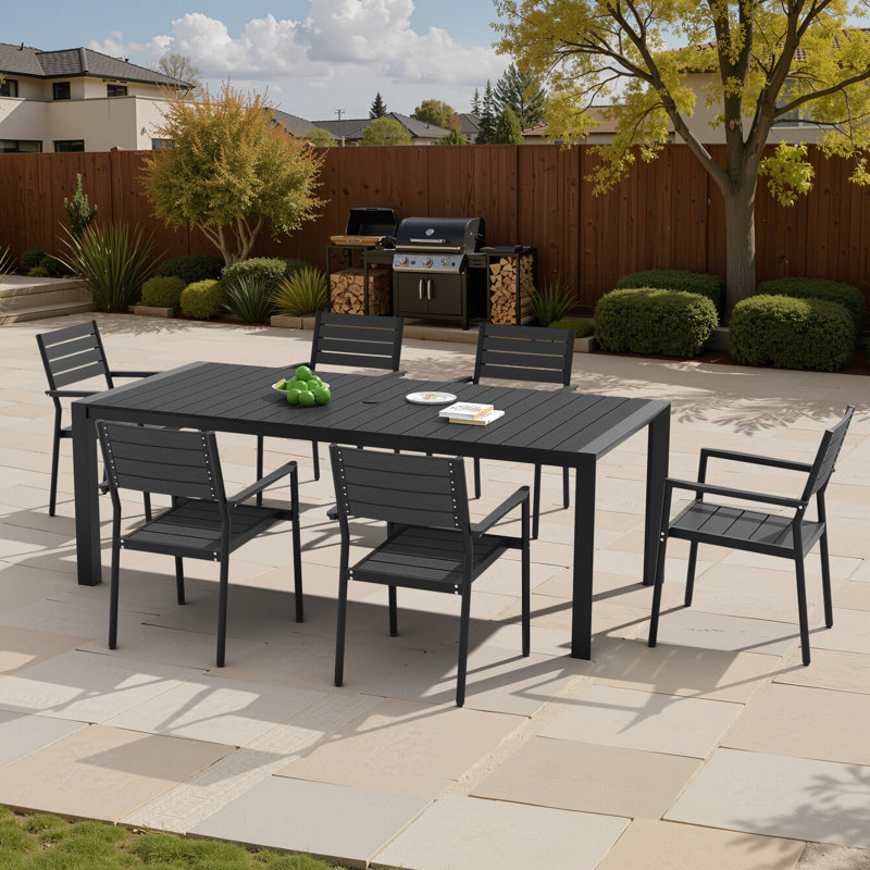 6 - Person Rectangular Aluminum Dining Set with Stacking Chairs, Black