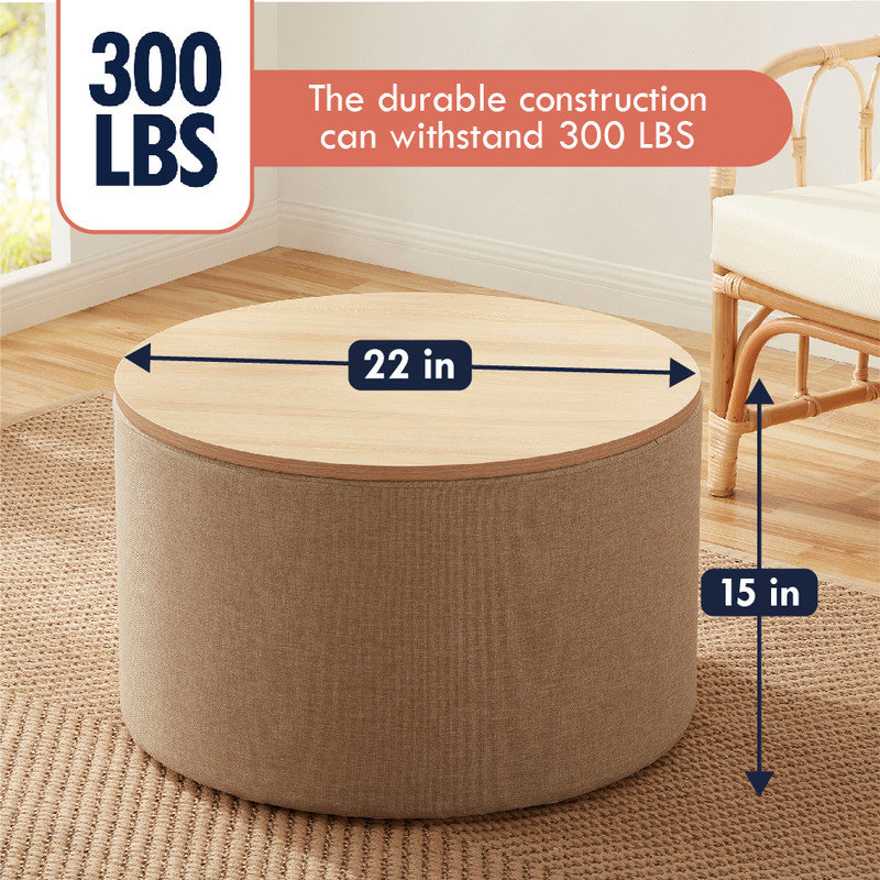 Grande table basse ronde avec rangement et repose-pieds, Lin beige