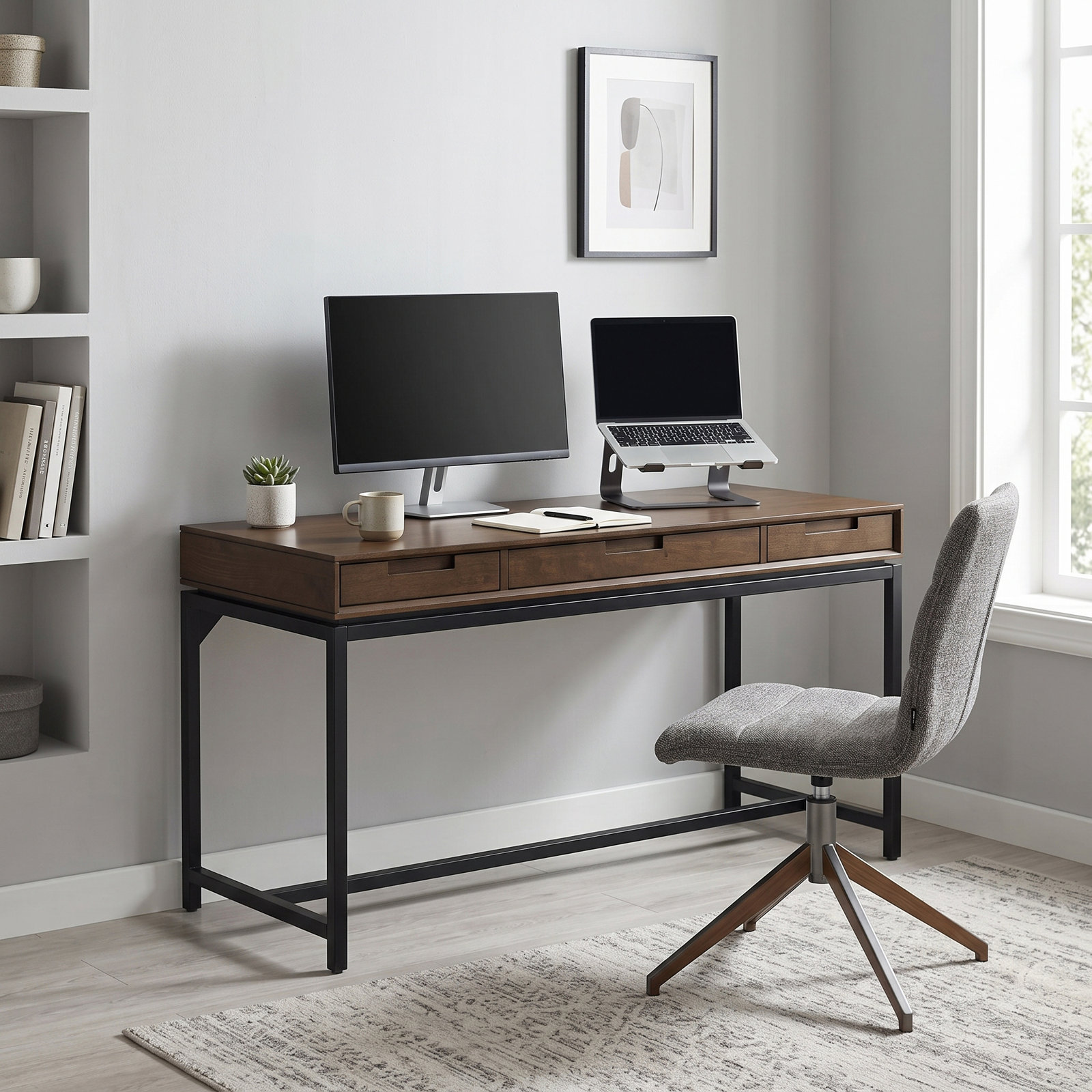 Lars Writing Desk, 31.50" H x 60" W x 24" D, Walnut Brown/Black