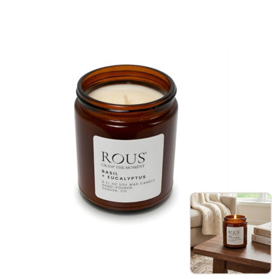 Bougie de soja en bois de teck de ROUS Burmese versée à la main, combustion propre, pot en verre réutilisable, eucalyptus