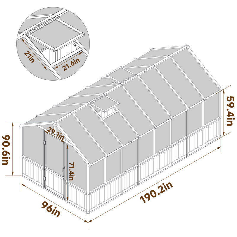 Outdoor Wooden Polycarbonate Greenhouse 8x16Ft, 90.6" H x 96" W x 190.2" D