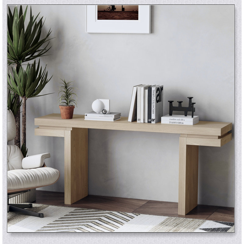 Console très large en placage de bois véritable de 66 pouces, design minimaliste pour le vestibule et le salon, finition chêne vieilli
