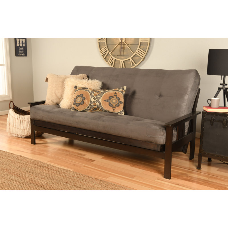 Structure de futon double avec matelas à ressorts double Johnte, Premium Pocket Coil, Microsuède gris, Espresso