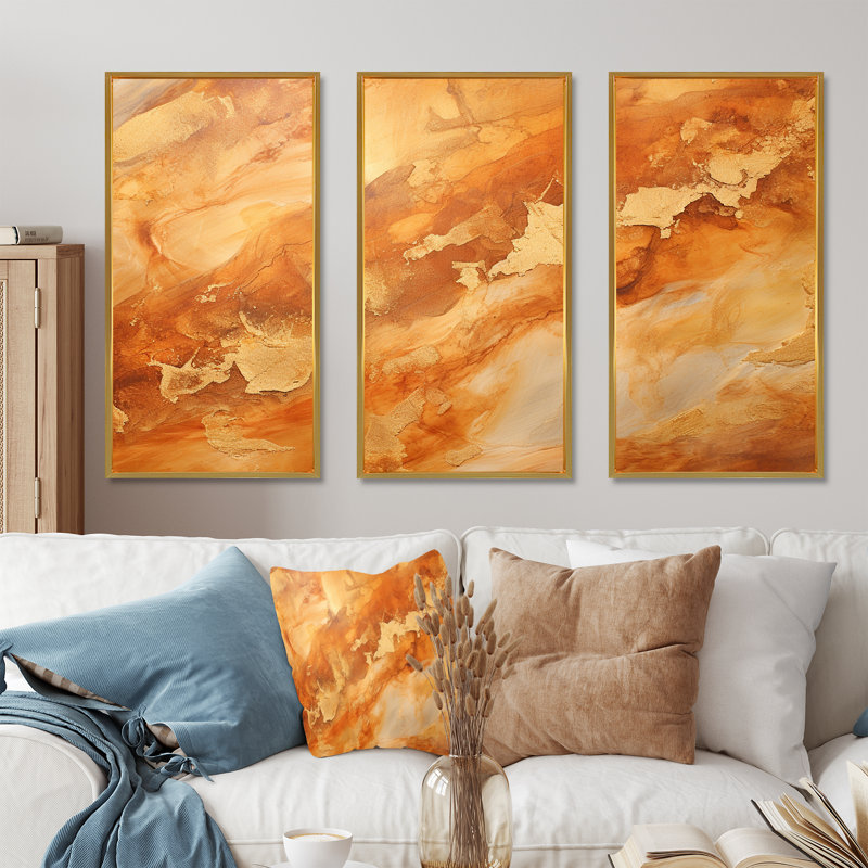 «Copper Gold Lush Vortex II», ensemble d'art mural sur toile à spirales abstraites, Cadre flottant doré