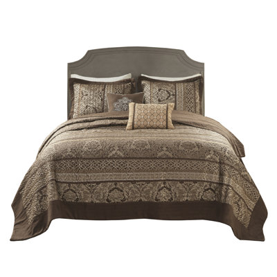 Queen Size Reversible Bedspread - Brown/Gold. Includes Bedspread, 2 Shams, And Throw Pillows. Crafted From For Durability Luxury. Features Leaf, Striping, Motifs. Enhanced With Stitching. Gold