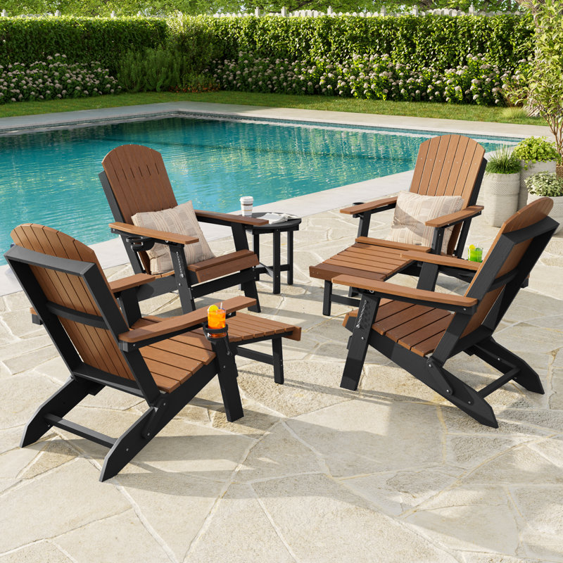 Folding Adirondack Chair with Retractable Ottoman & Cup Holder, 3-Position Adjustable for Patio, All-Weather Outdoor Seating