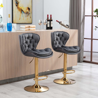 Ensemble de 2 tabourets de bar, avec repose-pieds chromé et base pivotante en velours à hauteur réglable et tabouret de bar simple Golden Leg