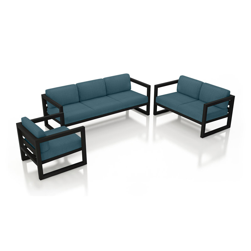 Avion 3 Piece Sofa Loveseat Set, Cast Lagoon Sunbrella® Plainweave, Black