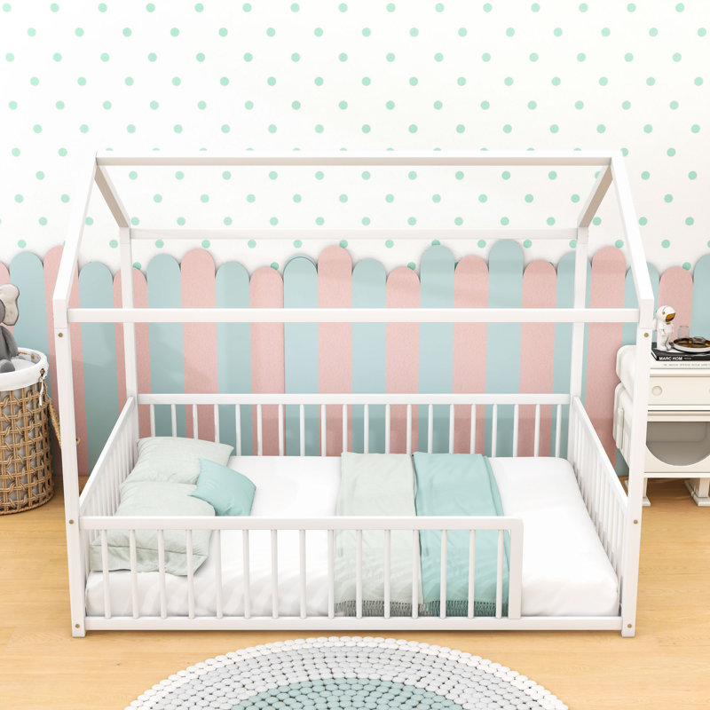 Metal Floor Bed Frame With Fence, Full, White