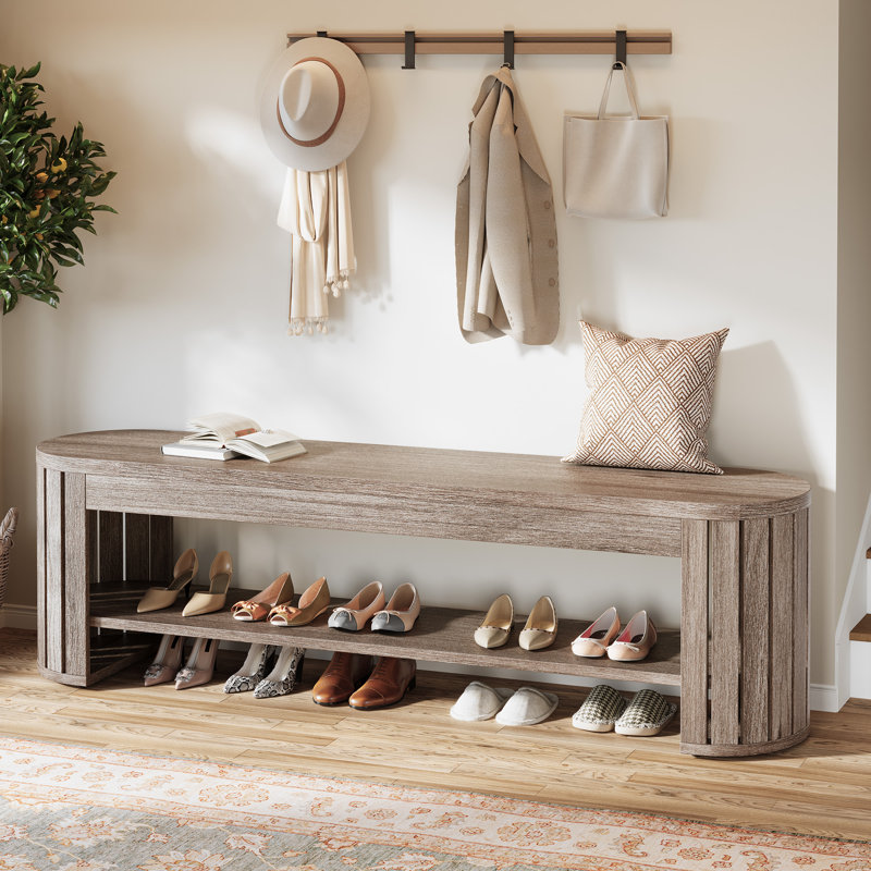 Banc de hall d'entrée rustique avec rangement, banc à chaussures en forme d'arc pour le couloir, Beige gris