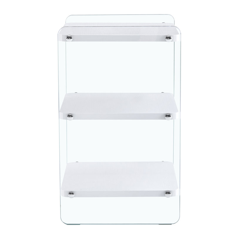 Three-tier bedside table: mdf top with white stickers, transparent tempered glass sides, simple design with storage (112 characters)