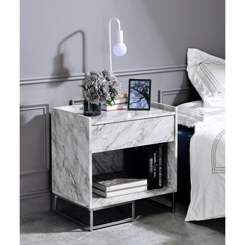Table d'appoint en faux marbre et finition blanche, équipée de 1 tiroir de rangement, compartiment ouvert, base en métal, glissière de tiroir à extension 1/2, plateau épais de 0,59 po, composition, largeur de 24 po, profondeur de 16 po, 25 po