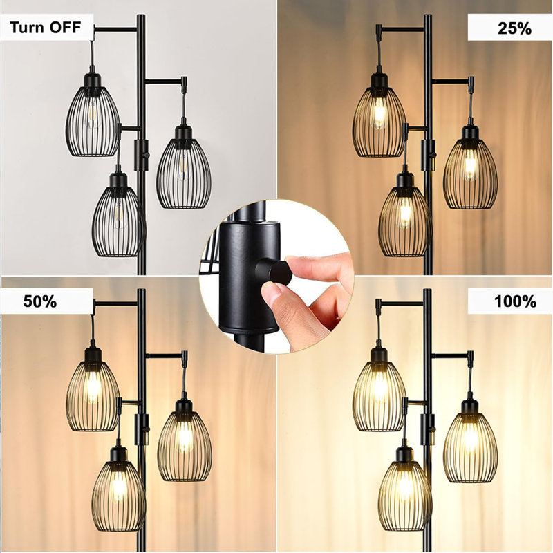 Élégante lampe sur pied rétro industrielle avec abat-jour cage, Noir