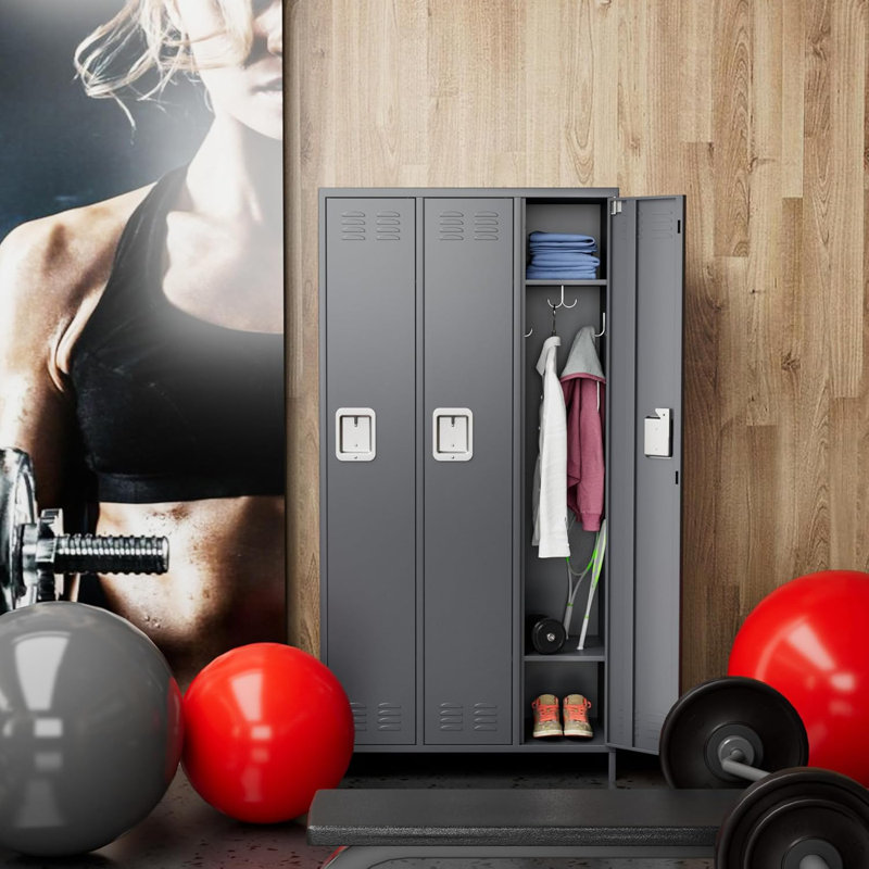 Casier en métal pour employés avec 3 portes, casier en métal avec 9 crochets pour la salle de gym de garage, assemblage requis, gris foncé