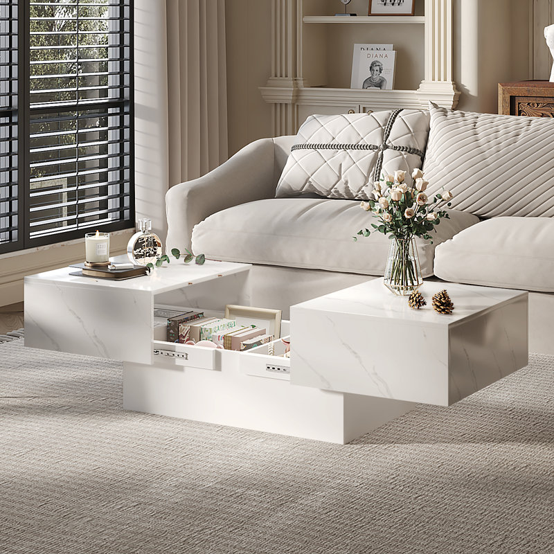 Rectangle Coffee Table with Sliding Table Top, Modern Coffee Tables for Living Room, White