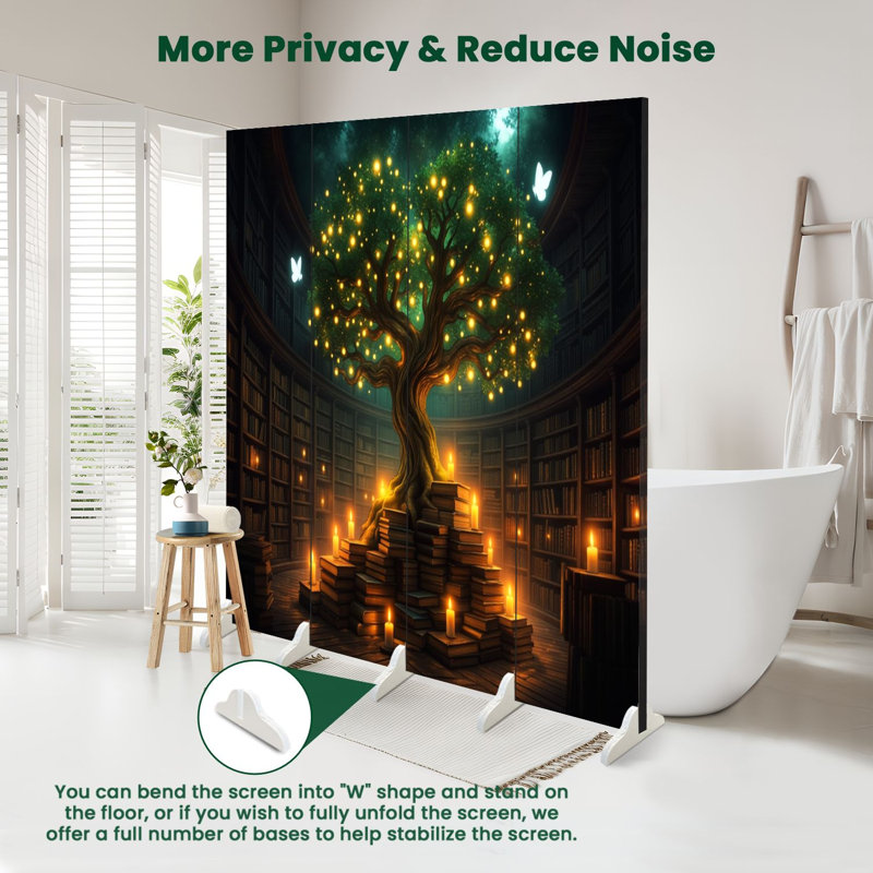 4 panneaux paravents diviseur de pièce Arbre magique royal Lumières rougeoyantes Cadre de bibliothèque mystérieux Bibliothèque toile séparateur de pièce Paravent de protection autoportant Cloison d'intimité