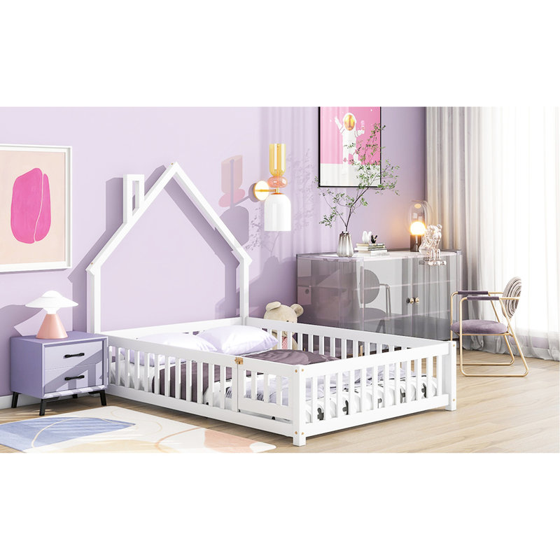 Lit de tête de lit blanc en forme de maison avec clôture - Structure simple en bois de pin pour chambre à coucher de style maison et précaution