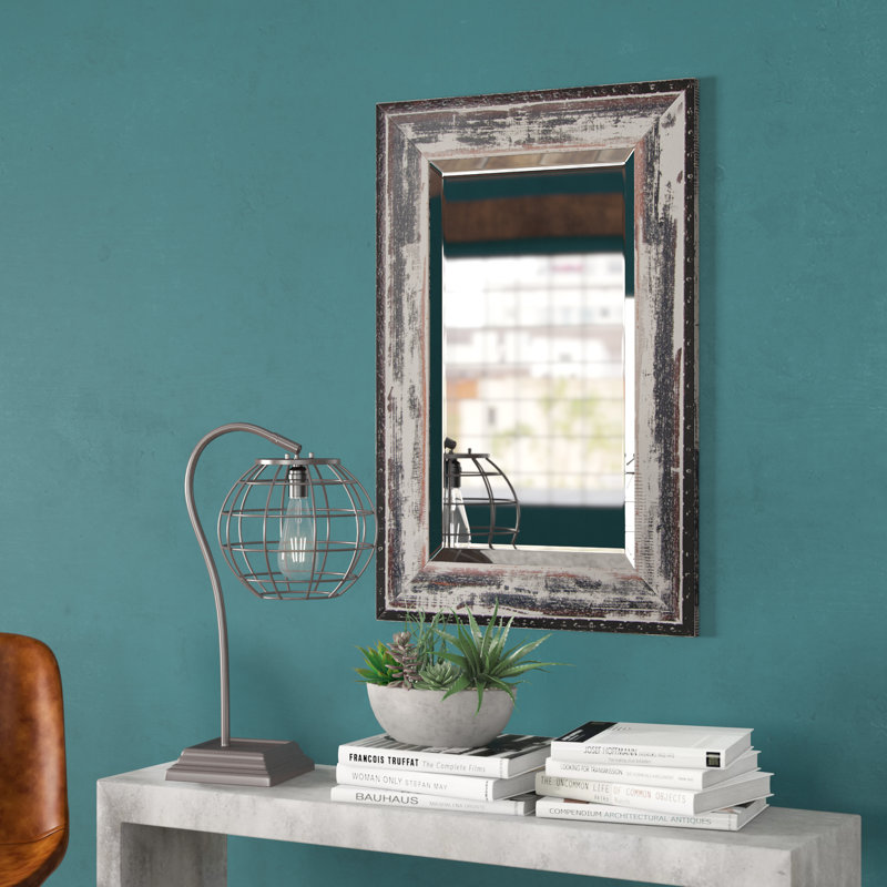 Solid Wood Flat Wall Mirror, Weathered Whitewash/Dark Rivet, 35.5" H x 23.5" W