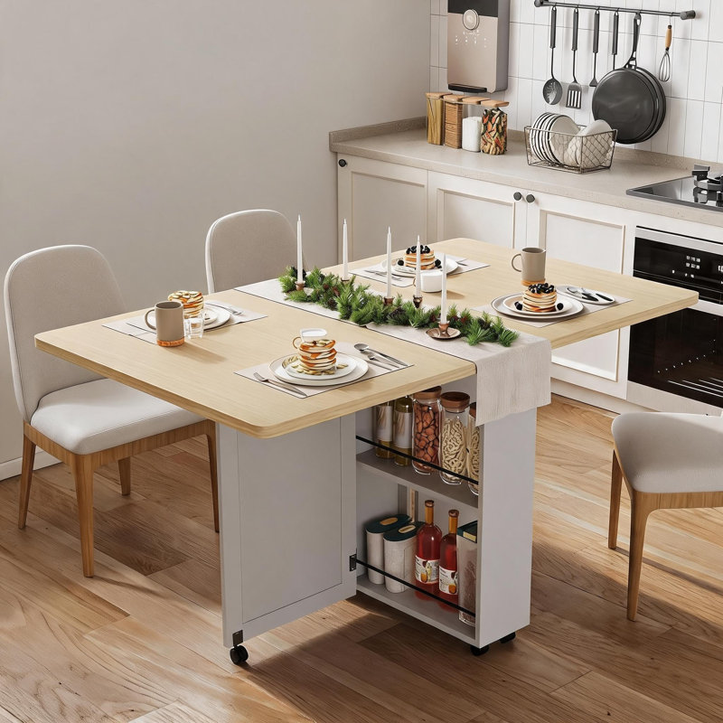 Table de salle à manger pliable, avec tiroir de rangement et 6 roulettes, Oak Wood / White
